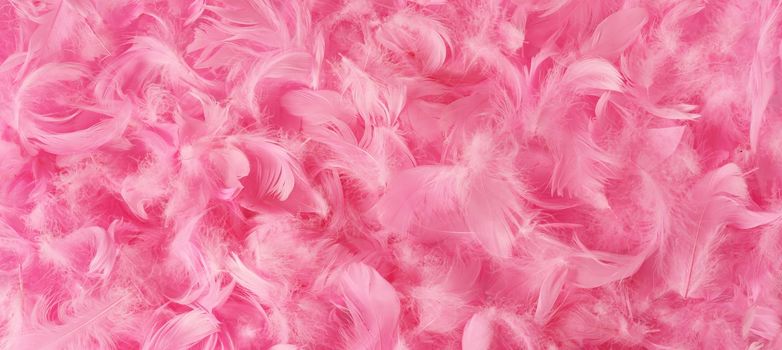 Background with beautiful pink feathers. Pastel pink feather decorations. Horizontal flat lay. Copy space