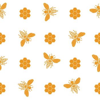 Seamless pattern with bees and honeycombs on white background. Small wasp. Vector illustration. Adorable cartoon character. Template design for invitation, cards, textile, fabric. Doodle style.