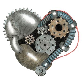 Hand Drawn Illustration of Colorful Steampunk Heart in Gray and Brown Colors on White Background. Steampunk Heart Design Element Drawn by Color Pencils.