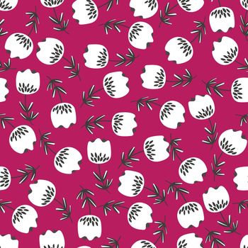 Seamless floral pattern based on traditional folk art ornaments. Trendy flowers on color background. Scandinavian style. Sweden nordic style. Vector illustration. Simple minimalistic pattern.