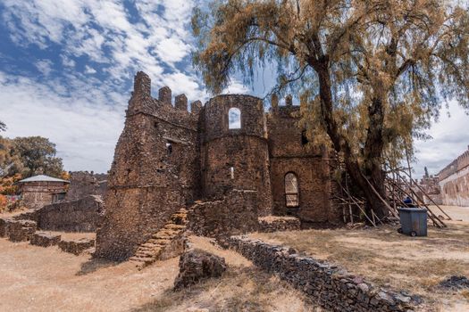 ruins of famous african castle Fasil Ghebbi, Royal fortress-city in Gondar, Ethiopia. Imperial palace is called Camelot of Africa. UNESCO World Heritage Site.