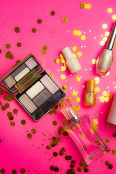 Bright makeup layout . Fashion industry. Cosmetology. Makeup Glitter Bright background