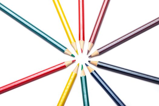 Colored pencils in a circle on a white background . Office supplies. Children's drawing. Hello school . White background