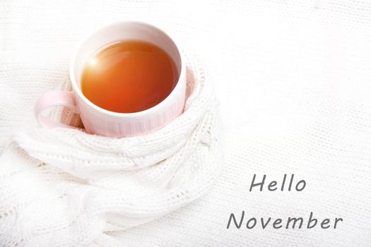 A Cup of tea in a knitted sweater . Hello November. Postcard with text. Hot tea. Autumn. Autumn mood. A knitted item. Tea in a Cup. Cold season. Copy space