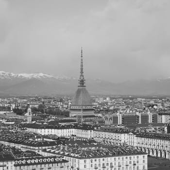 Aerial view of the city of Turin, Italy in black and white