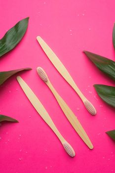 Bamboo toothbrushes on a pink background. Green leaves. Eco products. No plastic. Health and medicine. Dentistry. Brushing your teeth. Copy space. An article about taking care of the environment.