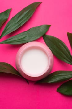Face cream and green leaves . Cosmetology. Facial skin care. Article about the selection of the cream . Spa treatments. Acne. Smooth and clean skin. Skin nutrition. Copy space