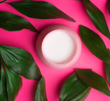 Face cream and green leaves . Cosmetology. Facial skin care. Article about the selection of the cream . Spa treatments. Acne. Smooth and clean skin. Skin nutrition. Copy space