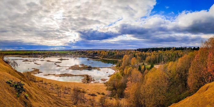 Panorama landscape of autumn . Beautiful scenery. The colors of autumn. Orange trees. New season. Nature