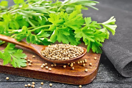 Coriander seeds in a spoon, green fresh cilantro and a napkin on wooden board background