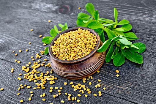Fenugreek seeds in a bowl with green leaves on a wooden plank background