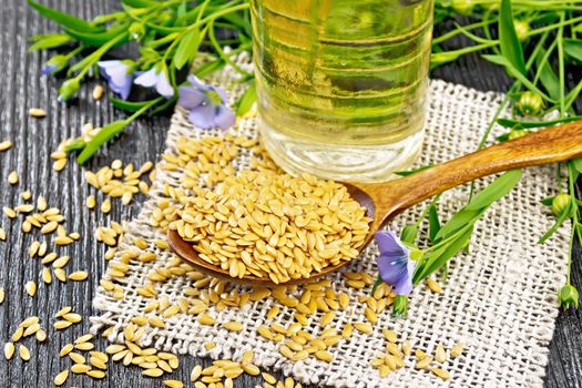 White linen seeds in a spoon, flax stalks with blue flowers and green leaves on burlap, oil in a bottle on black wooden board background