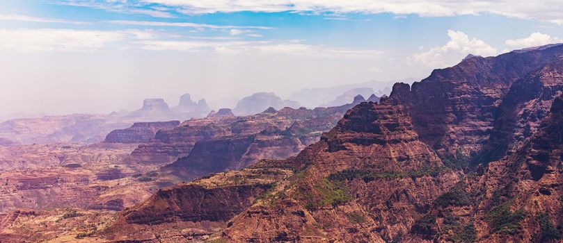 hills panorama of beautiful Semien or Simien Mountains National Park landscape in Northern Ethiopia near lalibela and Gondar. Africa wilderness