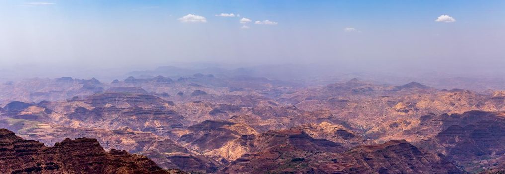 hills panorama of beautiful Semien or Simien Mountains National Park landscape in Northern Ethiopia near lalibela and Gondar. Africa wilderness