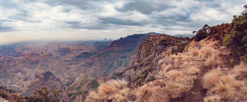 hills panorama of beautiful Semien or Simien Mountains National Park landscape in Northern Ethiopia near lalibela and Gondar. Africa wilderness