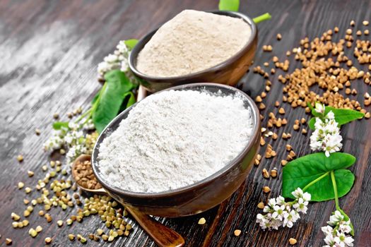 Buckwheat flour from green and brown cereals in two bowls, groats in spoons and on the table, fresh flowers and buckwheat leaves on a wooden board background