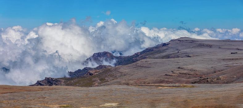 Ethiopian Bale Mountains National Park. Ethiopia wilderness pure nature. Sunny day with blue sky and clouds.