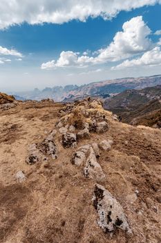 View of beautiful Semien or Simien Mountains National Park landscape in Northern Ethiopia. Africa wilderness, Sunny day and blue sky