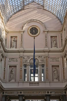 Detail of The Galeries Royales Saint-Hubert which  is a glazed shopping arcade in Brussels that preceded other famous 19th-century shopping arcades.