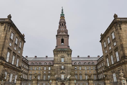 Wide angle view of the main building and the Platz in front of Christiansborg Slot Copenhagen, Denmark.
