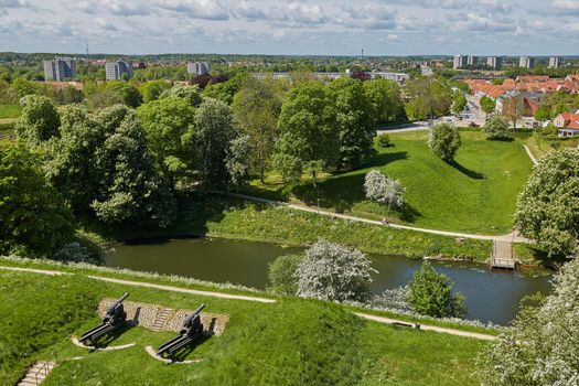 Old bronze cannon on rampart in city Fredericia, Denmark.