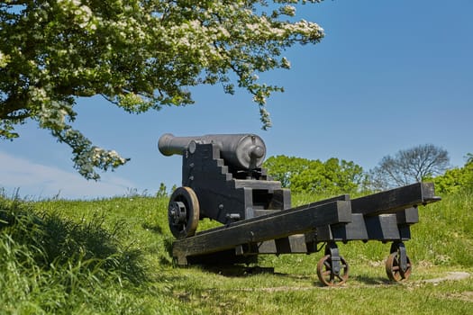 Old bronze cannon on rampart in city Fredericia, Denmark.