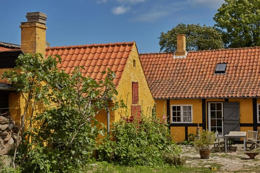 Traditional colorful half-timbered houses on Bornholm island in Svaneke Denmark.