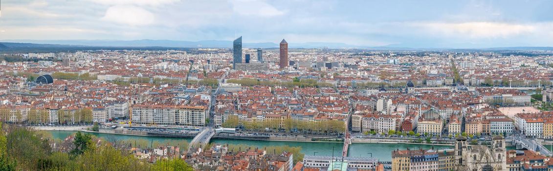 Panoramic view of Lyon from Basilica of Notre-Dame de Fourviere hill, Frane