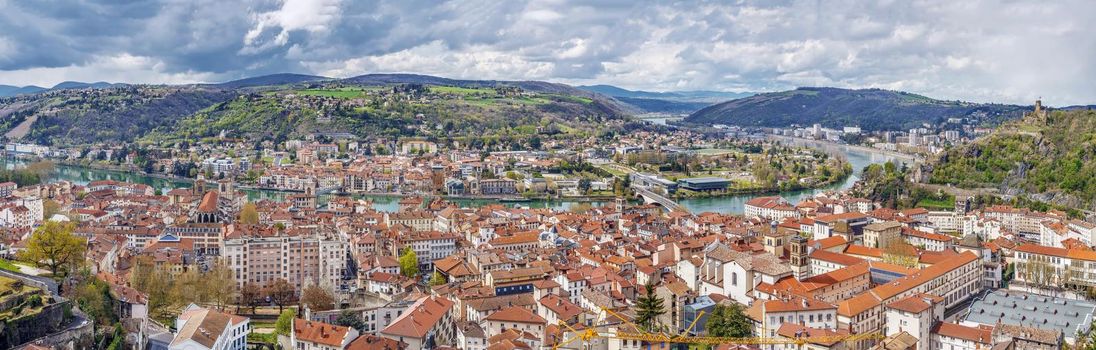 Panoramic aerial view of Vienne from hill of Pipet, France