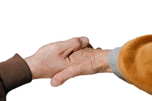 Handshake of elderly woman and man. Hands on white background.