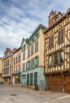 Street with historical half-timbered houses in Troyes, France