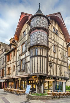 Strret with historical  half-timbered houses in Troyes downtown, France