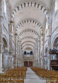 Vezelay Abbey is a Benedictine and Cluniac monastery in Vezelay, department of Yonne, France. Interior, nave