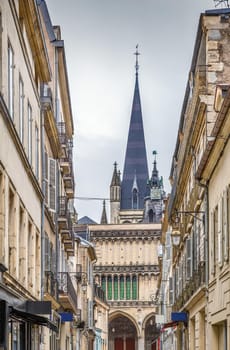 Street in Dijon with view of Church of Notre-Dame, France