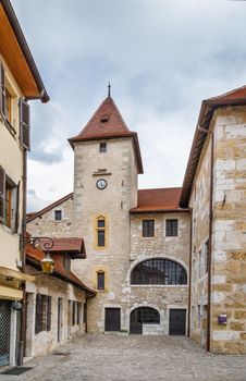 Palais de l'Île is an old fortified house dating from the 12th century in Annecy, France. View from courtyard