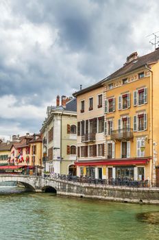 Historic houses along the Thiou river in Annecy old town, France