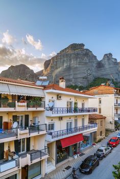 View of Street in Kalambaka with Meteora roks, Greece