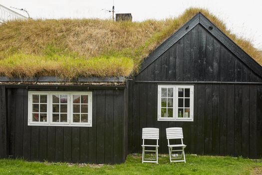 Typical houses with the grass roof in the Faroe Islands, Denmark.