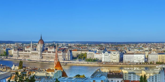 Panoramic view of Budapest with Hungarian Parliament Building from Fisherman Bastion, Hungary