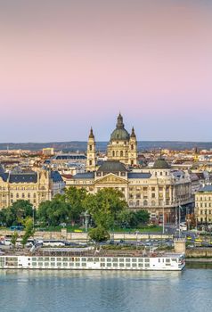 View of St. Stephen's Basilica from Fisherman Bastion at sunset, Hungary