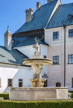 Cerveny Kamen Castle is a 13th-century castle in southwestern Slovakia. Fountain in  Courtyard