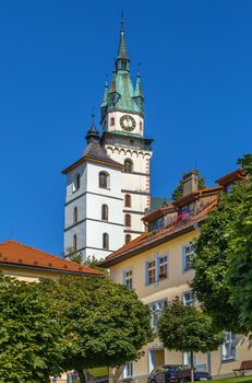 View of church of st. Catherine from main square in Kremnica, Slovakia