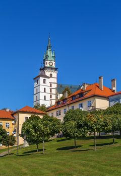 View of church of st. Catherine from main square in Kremnica, Slovakia