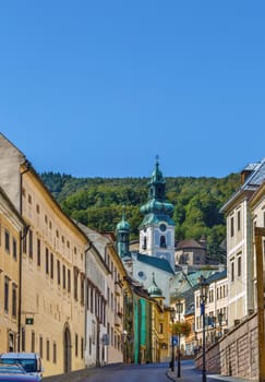 Street with historical houses in Banska Stiavnica old town, Slovakia