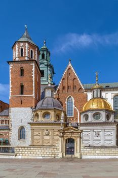 Royal Archcathedral Basilica of Saints Stanislaus and Wenceslaus on the Wawel Hill also known as the Wawel Cathedral in Krakow, Poland. Sigismund's Chapel, Vasa Dynasty chapel and Silver Bell Tower 