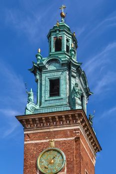 Royal Archcathedral Basilica of Saints Stanislaus and Wenceslaus on the Wawel Hill also known as the Wawel Cathedral in Krakow, Poland. Clock tower