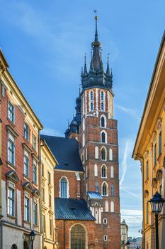 Saint Mary's Basilica is a Brick Gothic church adjacent to the Main Market Square in Krakow, Poland