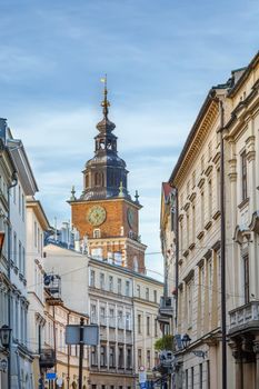 Street with historical houses in Krakow old town, Poland