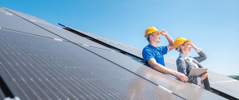 Worker and manager of solar farm looking into the sun standing amid photovoltaic panels