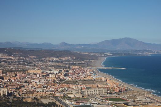Beach and residential area in Gibraltar in British Overseas Territory.